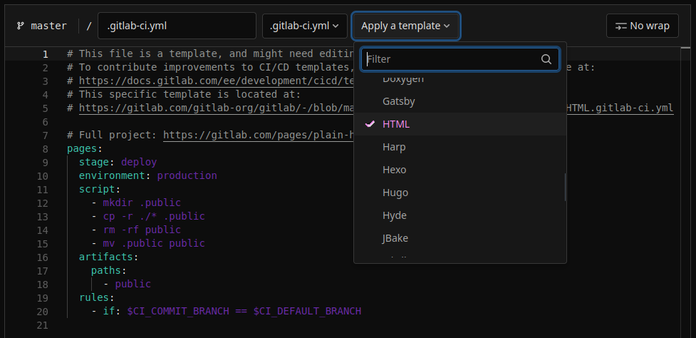 Selecting a CI template
