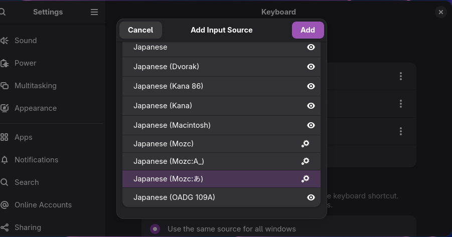 Capture d'écran des paramètres du clavier sous GNOME - Ajout du clavier hiragana.