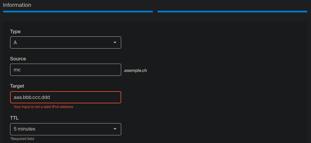 Paramètrage de l'enregistrement de type A.